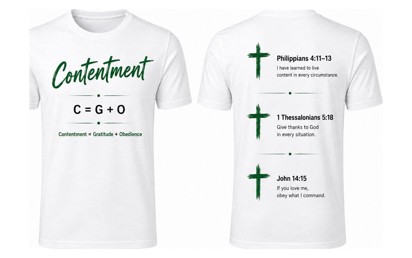 Contentment T-shirt, front and back, in White